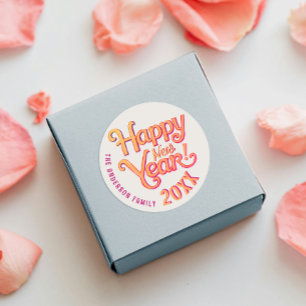 Niedlicher Retro Vintag Happy Neujahr Orange Typo Runder Aufkleber