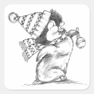 Niedlicher Retro-Weihnachtspenguin mit Hut und Sca Quadratischer Aufkleber