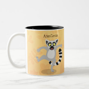 Niedlicher Ring Schwanz lemur Tanz Cartoon Abbildu Zweifarbige Tasse