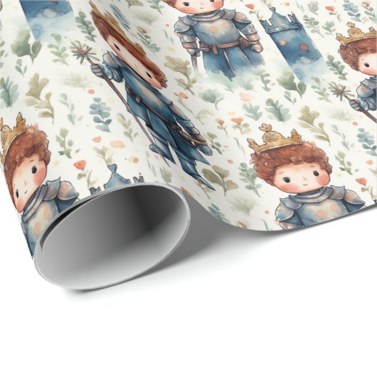 Niedlicher Ritterprinz mit kronenfarbenem Wasser Geschenkpapier (Rolleneckpunkt)
