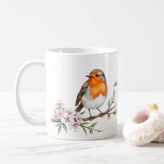 Niedlicher Robin Bird auf dem Personalisierten Nam Kaffeetasse (Mit Donut)