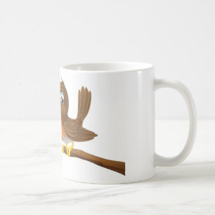 Niedlicher Robin, der auf einer Baumniederlassung Kaffeetasse