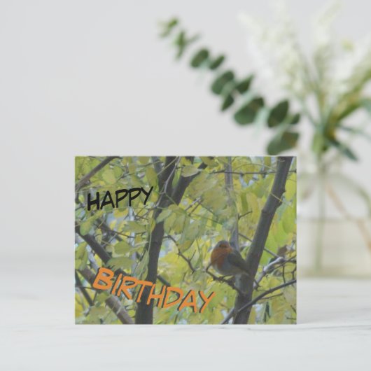 Niedlicher Robin in Tree Happy Birthday Postcard Postkarte (Stehend Vorderseite)