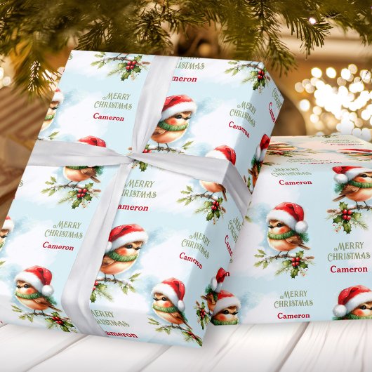 Niedlicher Robin in Weihnachtsmannmütze Weihnachts Geschenkpapier
