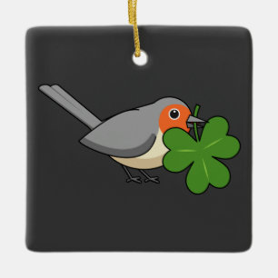 Niedlicher Robin mit Kleeblatt Clover Cartoon Keramikornament