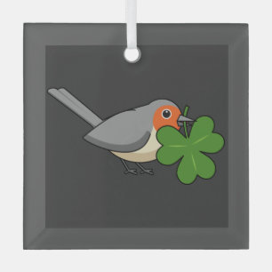 Niedlicher Robin mit Kleeblatt Clover Cartoon Ornament Aus Glas