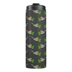 Niedlicher Robin mit Kleeblatt Clover Cartoon Thermosbecher