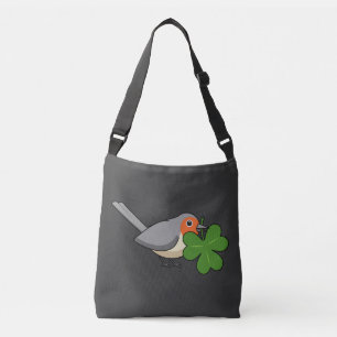 Niedlicher Robin mit Kleeblatt Clover Cartoon Tragetaschen Mit Langen Trägern