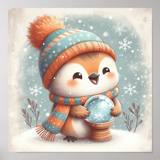 Niedlicher Robin mit Snowglobe Kinder im Zimmer Ku Poster (Vorne)