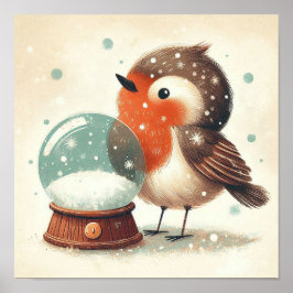 Niedlicher Robin mit Snowglobe Kinder im Zimmer Ku Poster