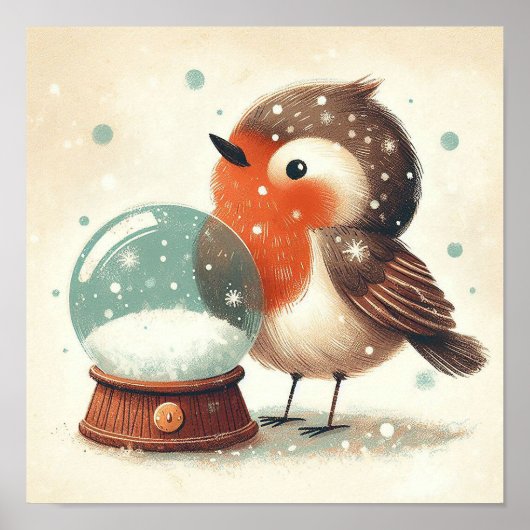 Niedlicher Robin mit Snowglobe Kinder im Zimmer Ku Poster (Vorne)