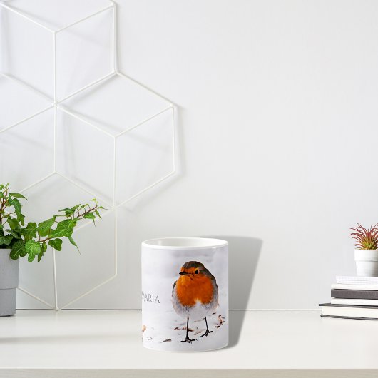 Niedlicher Robin-Vogel im Schnee fügen Namen hinzu Kaffeetasse