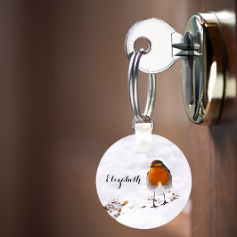 Niedlicher Robin-Vogel im Schnee fügen Namen hinzu Schlüsselanhänger