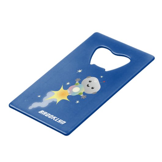 Niedlicher Roboter, der im Weltraum Cartoon fliegt Geldbeutel Flaschenöffner (Rückseite Schrägansicht)