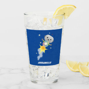 Niedlicher Roboter, der im Weltraum Cartoon fliegt Glas