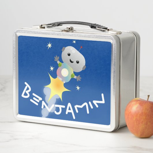 Niedlicher Roboter, der im Weltraum Cartoon fliegt Metall Brotdose (Beispiel)