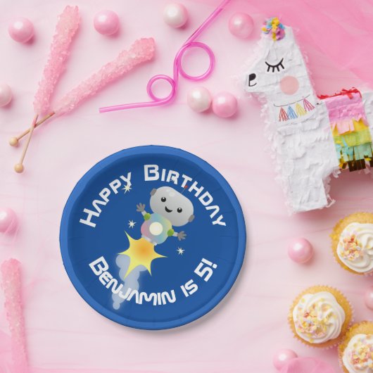 Niedlicher Roboter, der im Weltraum Cartoon fliegt Pappteller (Party)