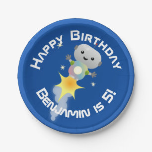 Niedlicher Roboter, der im Weltraum Cartoon fliegt Pappteller