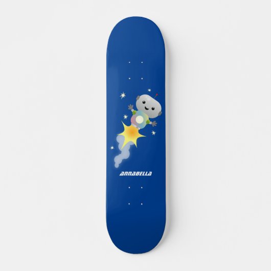 Niedlicher Roboter, der im Weltraum Cartoon fliegt Skateboard (Vorne)