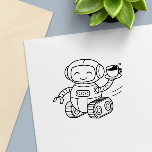 Niedlicher Roboter, der Kaffee liefert Permastempel