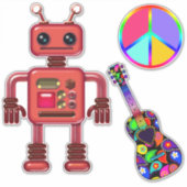 Niedlicher Roboter mit Friedenszeichen und Gitarre Aufkleber (Vorderseite)