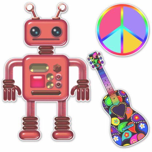 Niedlicher Roboter mit Friedenszeichen und Gitarre Aufkleber (Vorderseite)