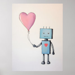 Niedlicher Roboter mit Herzballon-Poster Poster