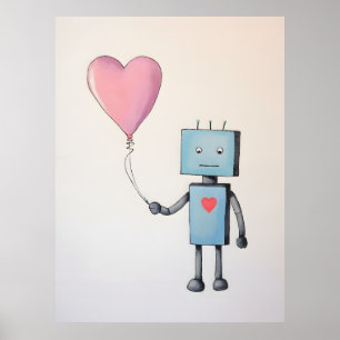 Niedlicher Roboter mit Herzballon-Poster Poster