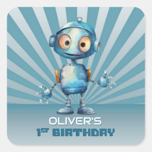 Niedlicher Roboter Thema 1. Geburtstag Einladung Quadratischer Aufkleber