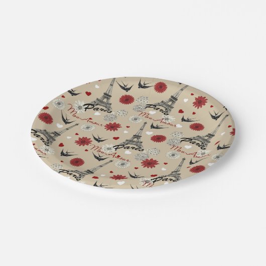Niedlicher, romantischer Eiffelturm, Herz, Blume Pappteller (Schrägansicht)