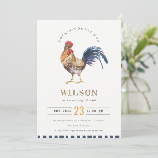 Niedlicher Rooster Farm Wasserfarbener Kindergebur Dankeskarte (Stehend Vorderseite)