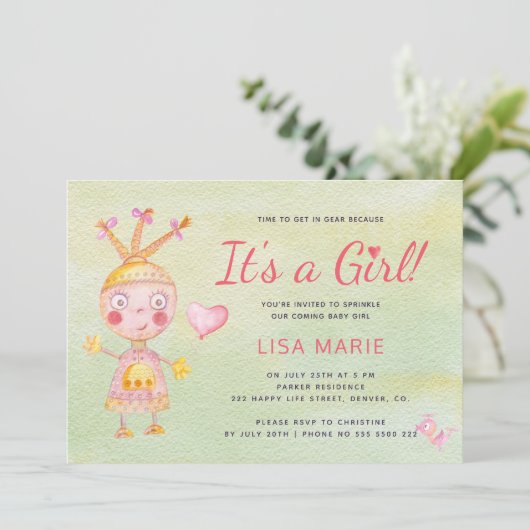 Niedlicher rosa Aquarellroboter, Mädchendusche Einladung (Stehend Vorderseite)