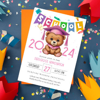 Niedlicher rosa Bär Kindergarten Abschluss Einladu Einladung