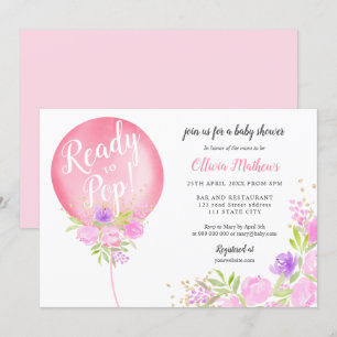 Niedlicher rosa Blumenballon bereit zum Pop Babydu Einladung