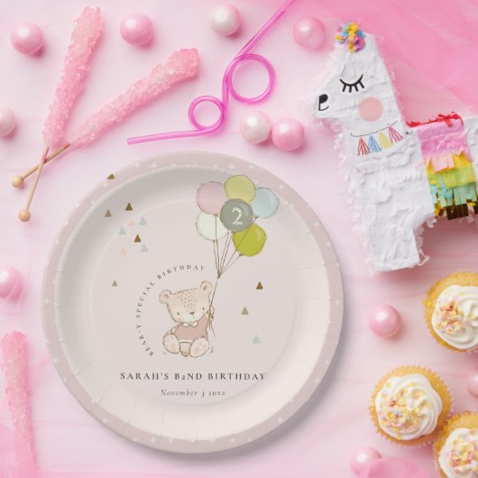 Niedlicher Rosa Blush Bärenballon jedes Alter Gebu Pappteller (Party)