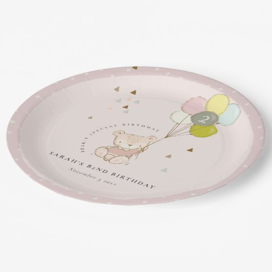 Niedlicher Rosa Blush Bärenballon jedes Alter Gebu Pappteller (Schrägansicht)