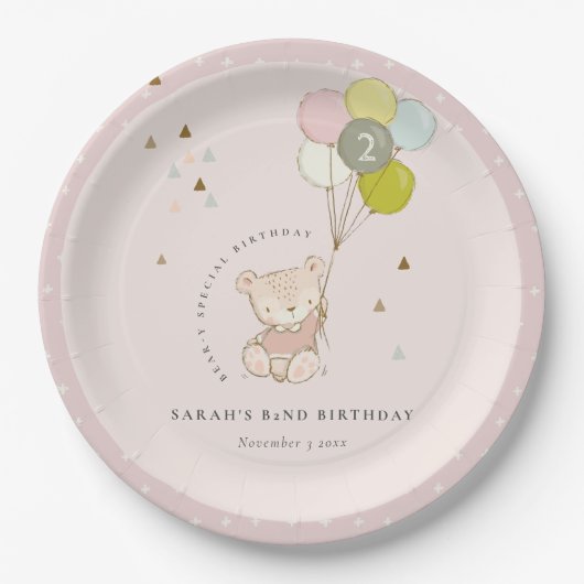 Niedlicher Rosa Blush Bärenballon jedes Alter Gebu Pappteller (Vorderseite)
