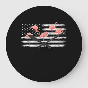 Niedlicher rosa Cartoon Flamingo USA Flag 4. Juli Große Wanduhr
