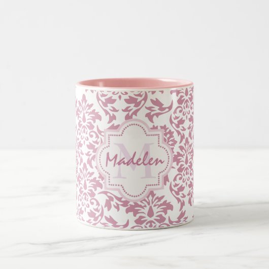 niedlicher rosa Damast, Namensanfangsmonogramm Zweifarbige Tasse (Mittel)