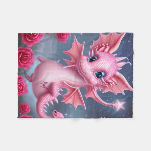 Niedlicher rosa Drache mit rosa Blume Fleecedecke (Vorderseite (Horizontal))