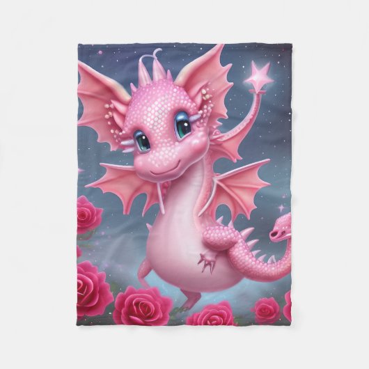 Niedlicher rosa Drache mit rosa Blume Fleecedecke (Vorderseite)
