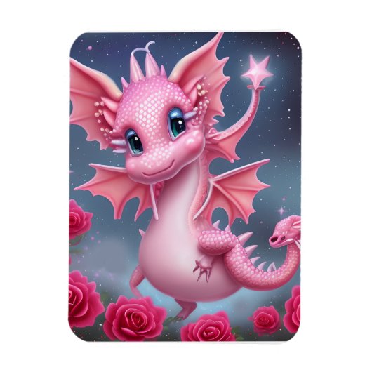 Niedlicher rosa Drache mit rosa Blume Magnet (Vertikal)