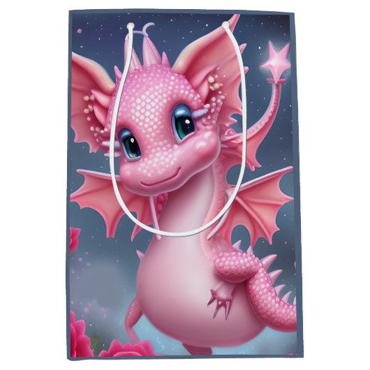 Niedlicher rosa Drache mit rosa Blume Mittlere Geschenktüte (Vorderseite)