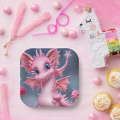 Niedlicher rosa Drache mit rosa Blume Pappteller (Party)