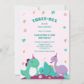 Niedlicher, rosa, dreimal rexer 3. Dinosaurier-Geb Einladung (Vorderseite)