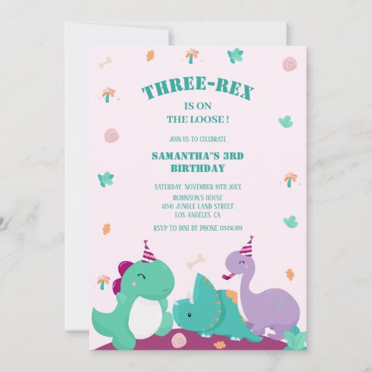 Niedlicher, rosa, dreimal rexer 3. Dinosaurier-Geb Einladung (Vorderseite)