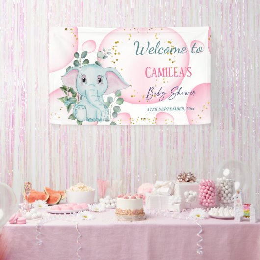 Niedlicher rosa Elefant mit Eukalyptus Willkommen Banner (Party)