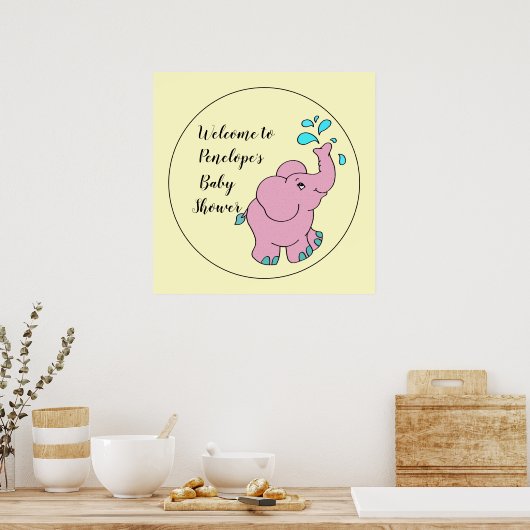 Niedlicher rosa Elefant mit Ihrem Namen Baby Showe Poster (Küche)