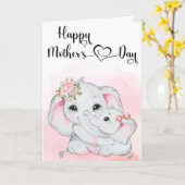 Niedlicher rosa Elefant und Baby Mother Day Karte (Gelbe Blume)