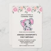 Niedlicher rosa Elefant und Rose Border Birthday I Einladung (Vorne/Hinten)
